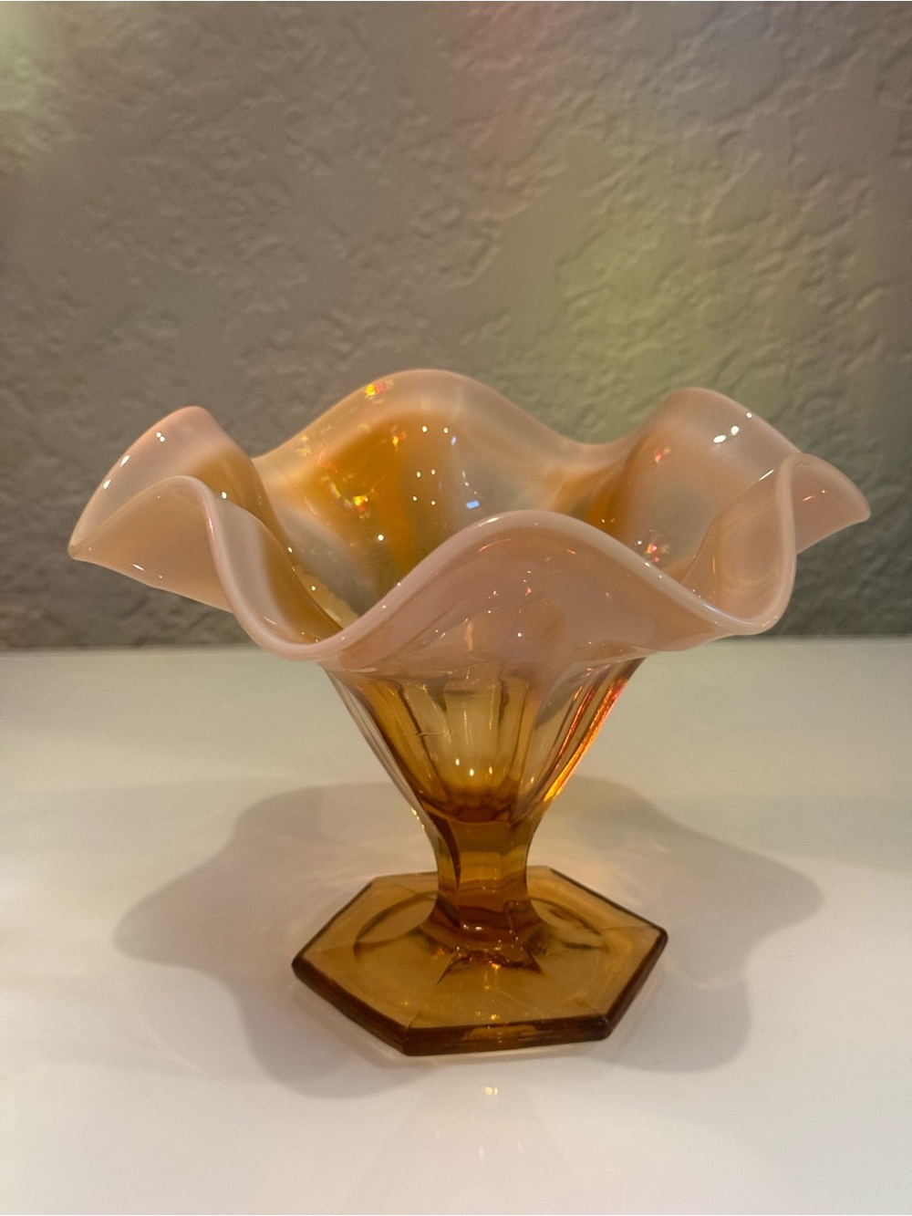Vintage Fenton Cameo Amber
Opalescent flared ruffled footed Vase - Picture 2 of 10